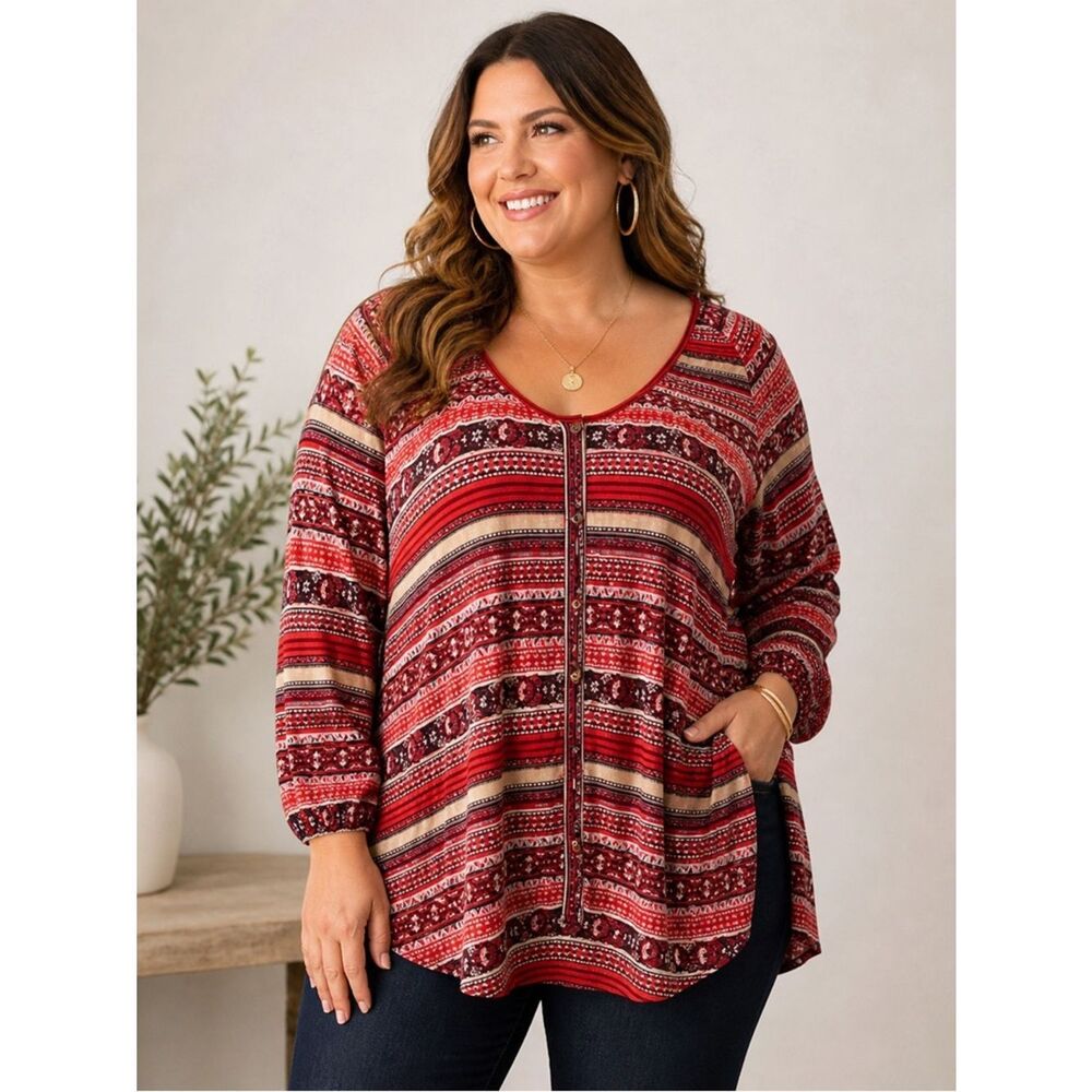 Chelsea Studio Plus 4X Soft Boho Stripe Button Front Hi Low Tunic NWT